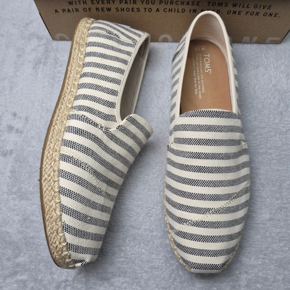 TOMS Alpargata Espadrille Black White Striped Canvas Slip On Shoes Women 10